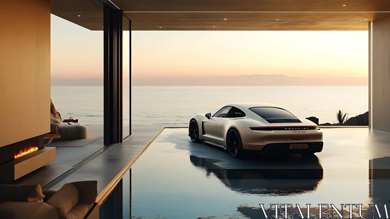 Sunset luxury garage embraces ocean views and calm design