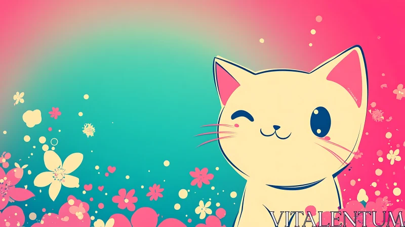 Cartoon cat winking against bright floral gradient background