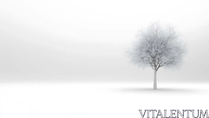 Solitary frosted tree stands in seamless white winter void