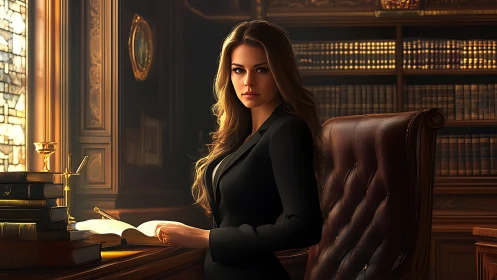Confident Woman in Elegant Law Library, Realistic Digital Art.