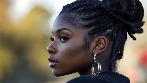 Side profile portrait with braided updo and hoop earrings outdoors
