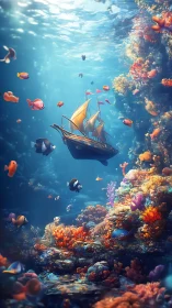Digital painting of coral reef shipwreck with vibrant schools of fish.