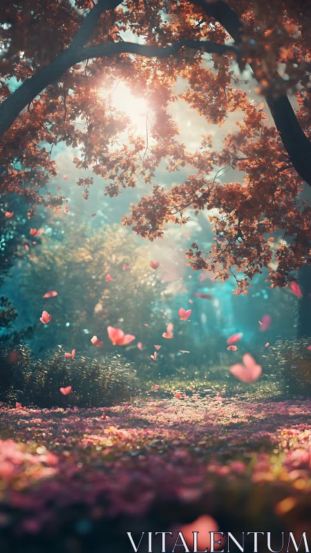 Sunlit woodland glade with drifting pink petals at dawn.