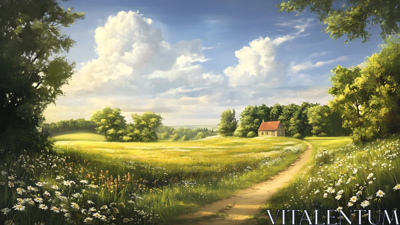 Sunlit rural meadow landscape renders depth with soft painterly light