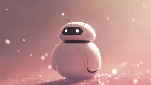 Snow-dusted robot glows in warm pastel dusk light.