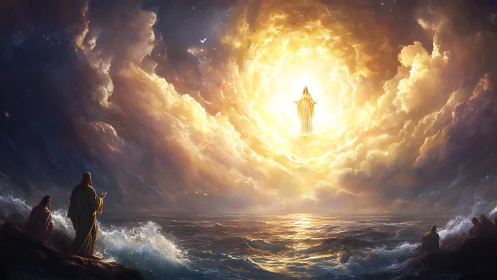 Radiant divine figure emerging from storm-swept celestial sea.