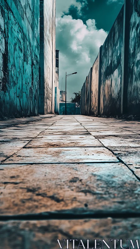 Quiet city alleyway stretching toward a dreamy blue sky.