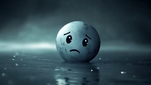 Lonely blue emoji orb marooned on a midnight shoreline.