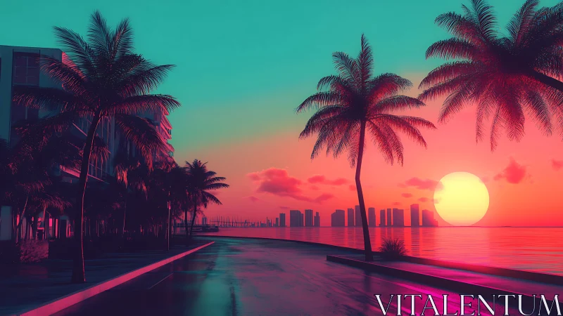 Neon sunset bathes a tropical waterfront city in vivid glow