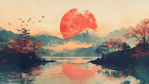 Crimson sun over misted mountains and reflective lake horizon.