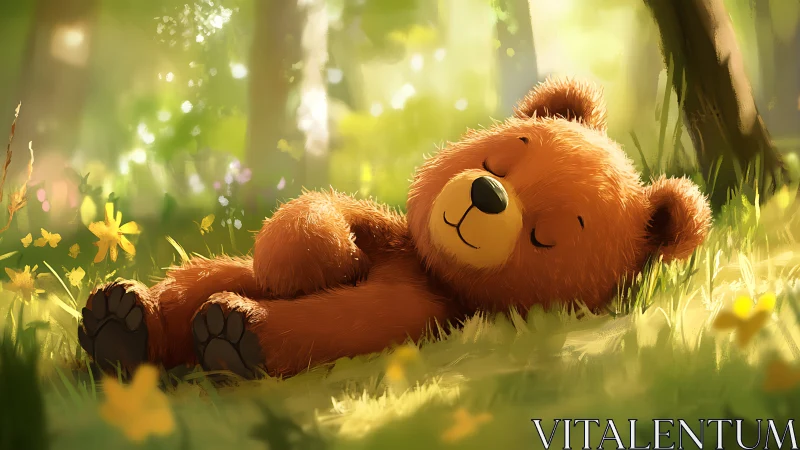 Soft-lit digital bear cub sleeping in sun-drenched forest glade