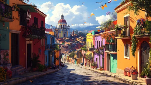 Colorful hillside street with domed cathedral in distance.