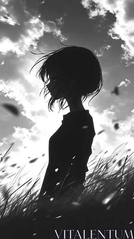 Solitary anime silhouette in windswept monochrome field at dusk.