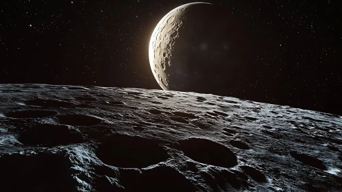 Crescent Earth above cratered lunar surface in deep space.