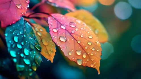 Raindrop jewels on neon autumn leaves in dreamy bokeh hush.