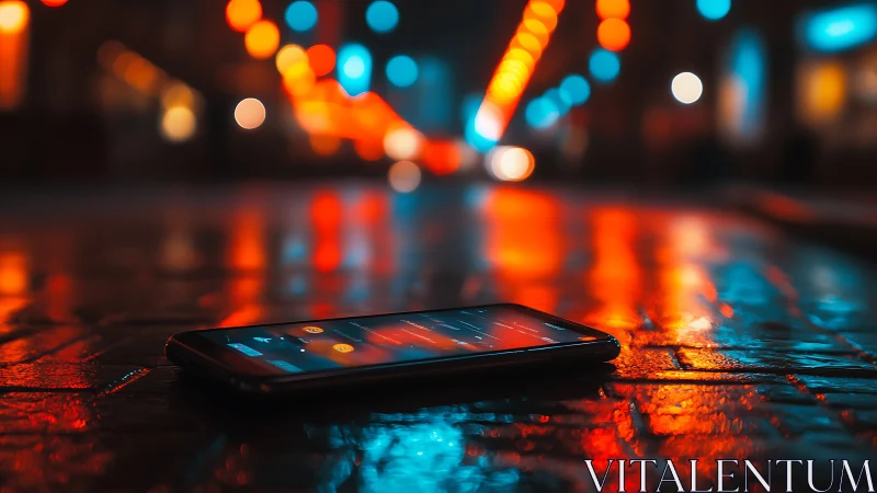 Smartphone on Wet Urban Surface with Bokeh Lighting