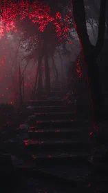 Forest stone stairway glows with ominous crimson light.