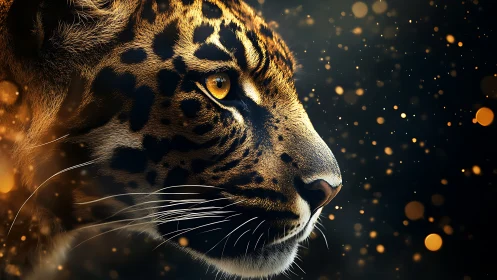 Leopard Portrait with Luminous Particle Effects and Bokeh Ambiance