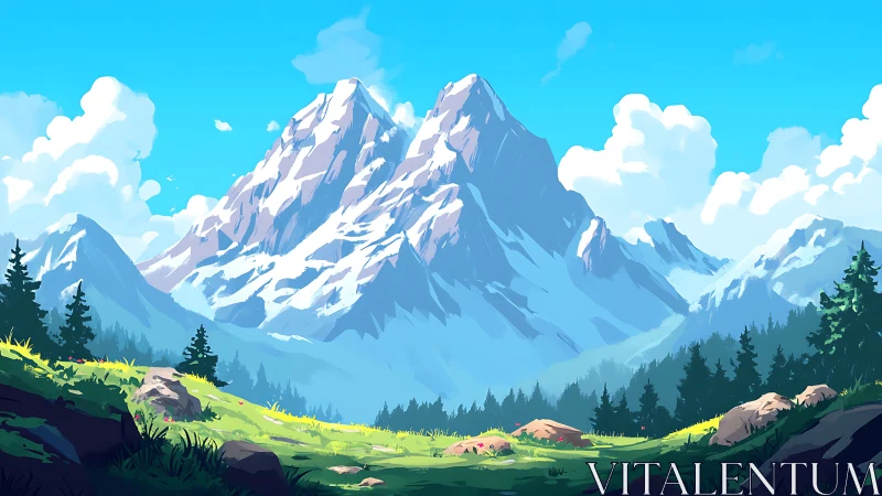 Sunlit alpine meadow below snowcapped mountain peaks.