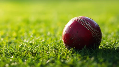Weathered red cricket ball resting on sunlit turf with shallow DOF