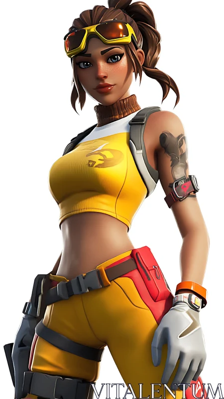 Sunlit gamer heroine in bold yellow tactical adventure gear.