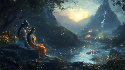 Divine couple overlook luminous valley at mythic twilight.