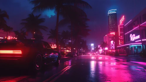 Neon soaked city street with retro car in rainfall at night.