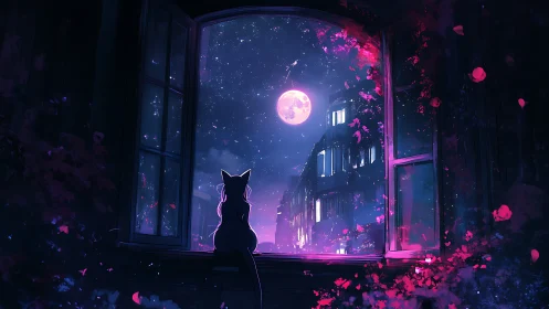 Moonlit window vigil with neon cat silhouette in bloom.