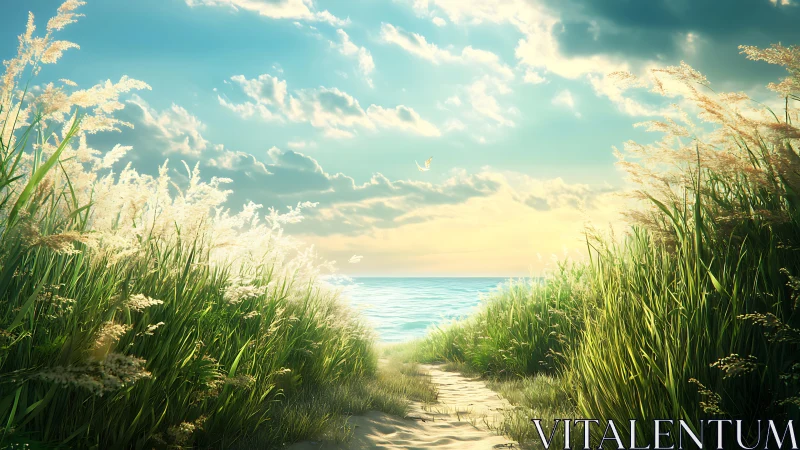 Digital painting of luminous dune path opening to sea horizon.