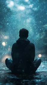 Solitary figure sitting in heavy night rain on wet street.