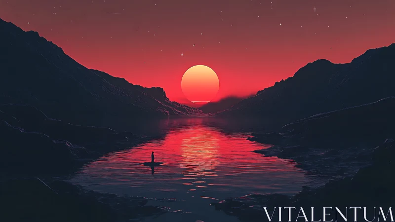 Crimson sun melts over silent alien fjord at starlit dusk.