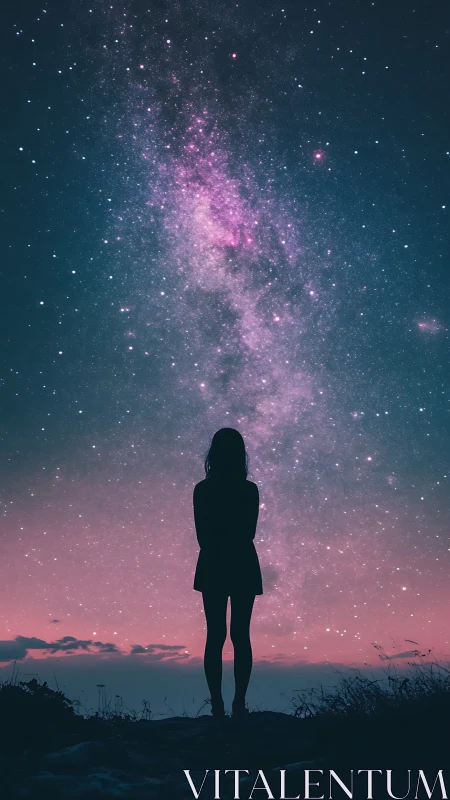 Stargazing silhouette pauses softly beneath a glowing galaxy