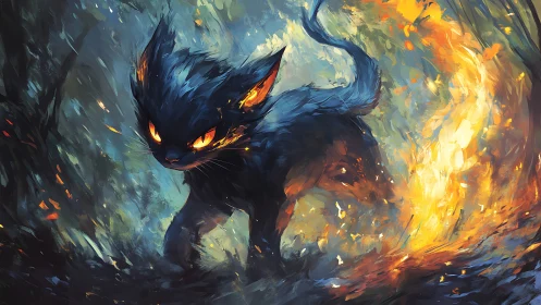 Fiery forest spirit cat strides through swirling wild flames