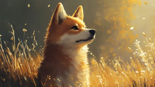 Golden corgi portrait under warm sunset meadow light.