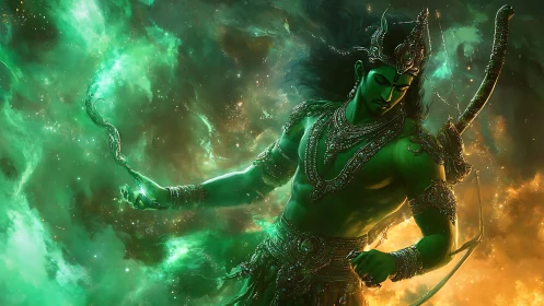 Green-skinned armored figure holds energy bow in nebula field