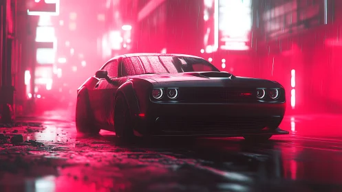 Neon sports car cuts through cyberpunk rain-soaked street.