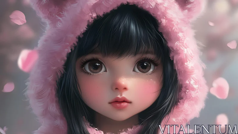 Blossom-eyed girl in plush pink hood and falling petals.