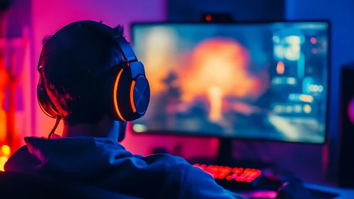 Neon night gamer locked into glowing battlefield worlds.