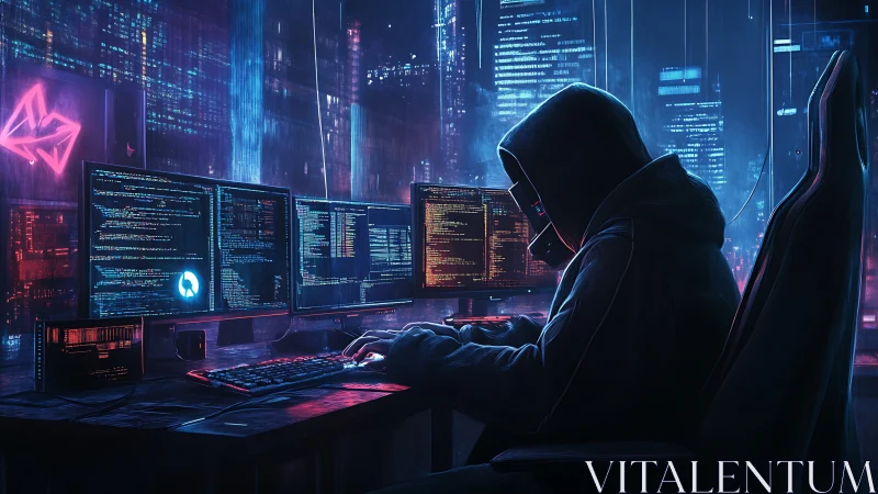 Hooded hacker scripts code in neon cyberpunk control room.