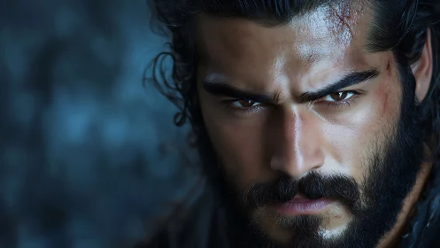 Photorealistic close-up portrait with intense dramatic focus.