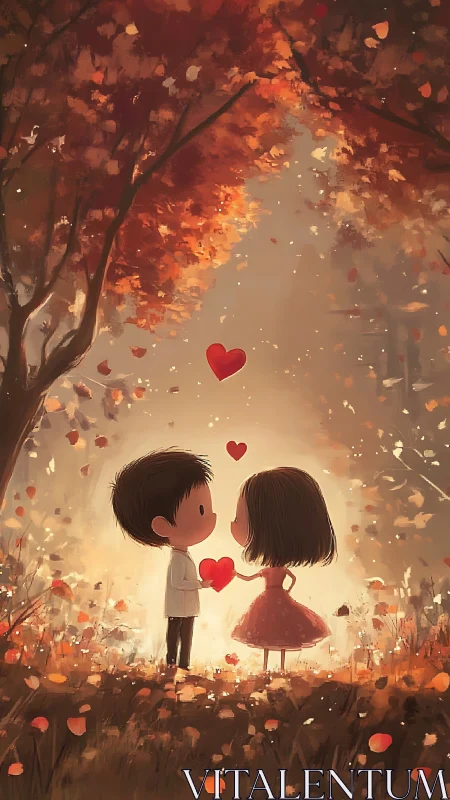 Couple exchanging heart under autumn trees.