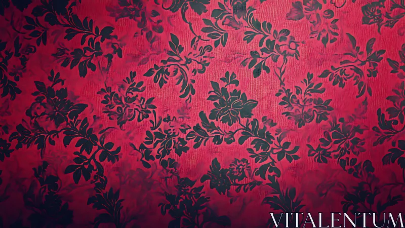 Red damask wallpaper with dark floral vine pattern design.