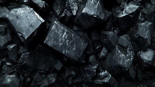 Photorealistic angular coal strata with glossy dark faceting.