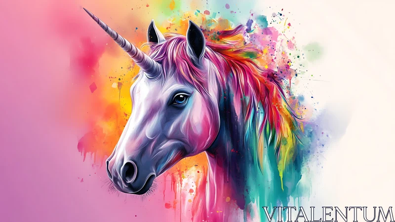 Iridescent unicorn portrait with explosive rainbow paint field.