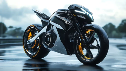 Futuristic electric sport motorcycle on wet urban roadway.