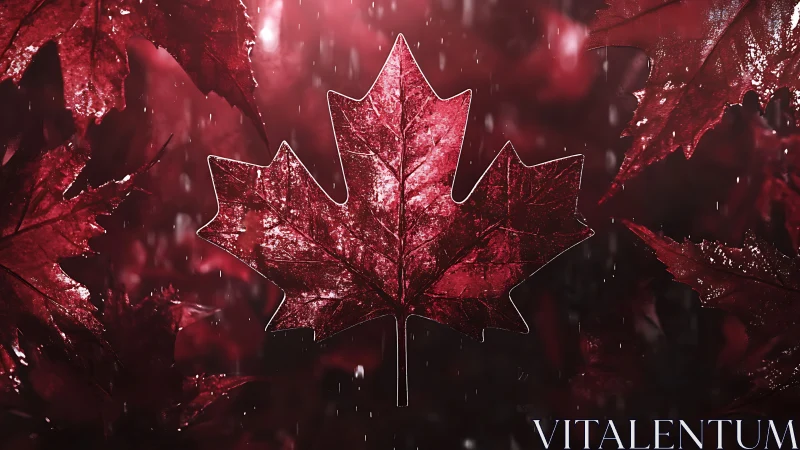 Glowing red maple leaf silhouette dominates wet dark backdrop