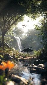 Military drones skim sunlit jungle river beside distant waterfall