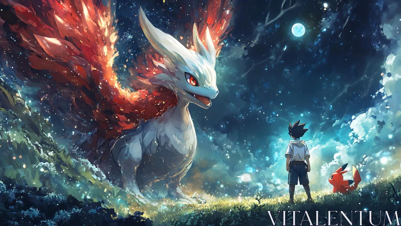 Moonlit meeting with a fiery sky dragon and brave friends.