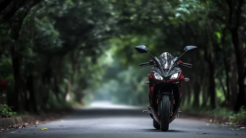 Sleek sport motorcycle waits silently on a shaded forest road
