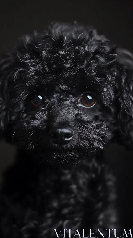 Black toy poodle portrait captures glossy curls and gaze